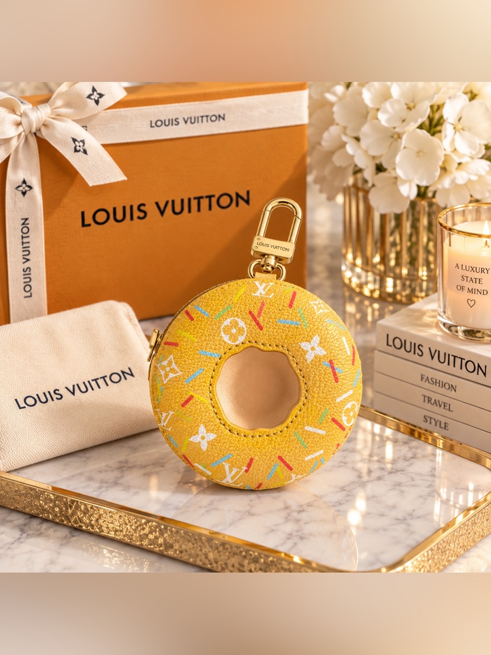 Yellow Monogram Donut Key Chain Bag Charm